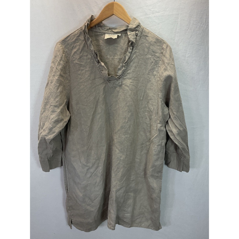INAE 100% Linen Tunic Shirt Dress Mini Sz L Ruffle Collar Taupe Pockets Boho
